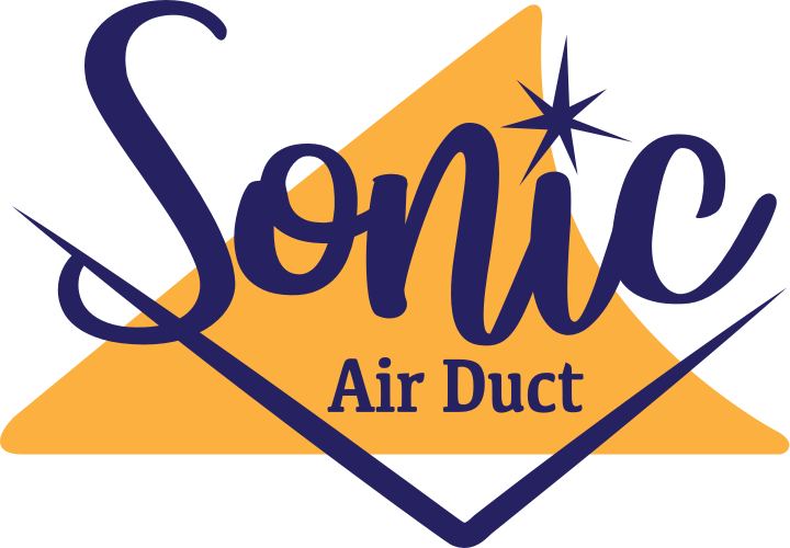 Sonic Air Duct logo, retro shapes and text in purple and gold